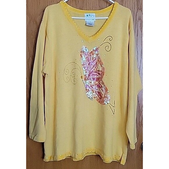 The Quacker Factory Sweater Womens 1X Yellow Butterfly V Neck Bling Casual - Picture 1 of 8